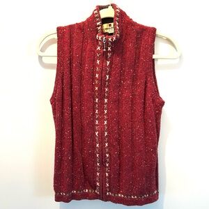 Vintage Woolrich Ruby Red Heather Cable Knit Wool Blend Full Zip Sweater Vest